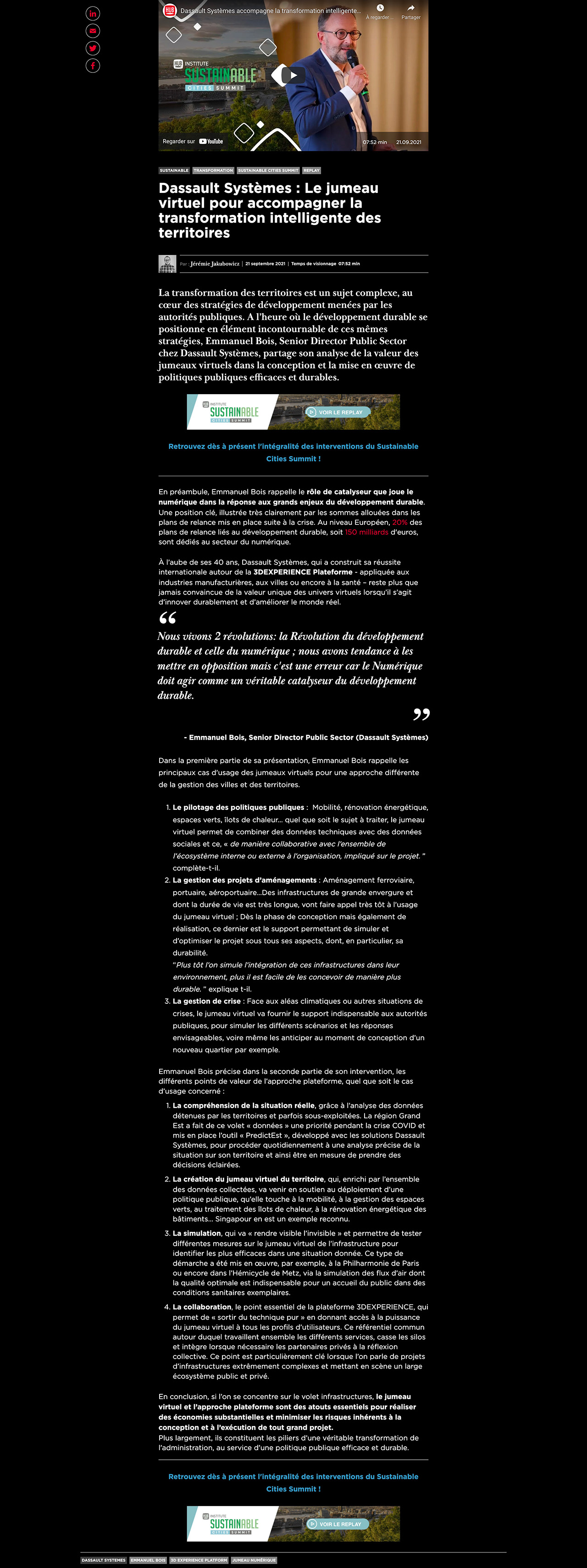 Article - Dassault Systèmes _ Le jumeau virtuel pour accompagner la transformat_ - hubinstitute