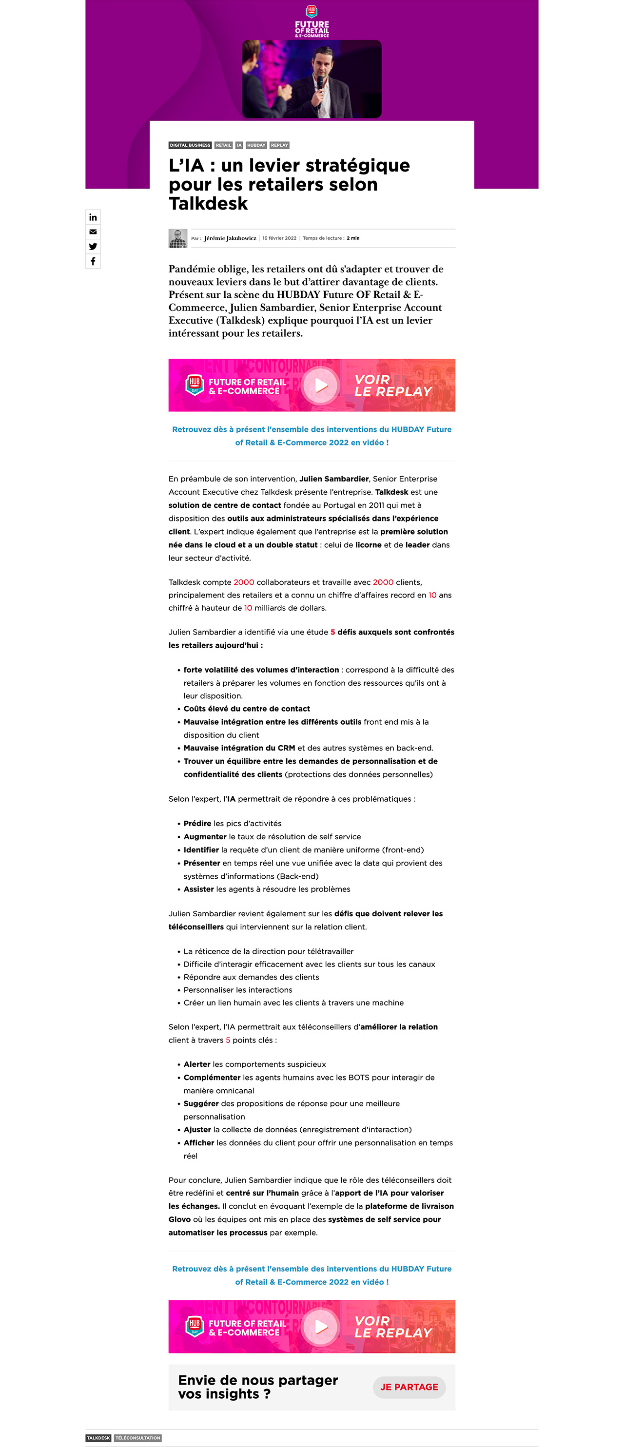 Article - L’IA _ un levier stratégique pour les retailers selon Talkdesk - HUB _ - hubinstitute