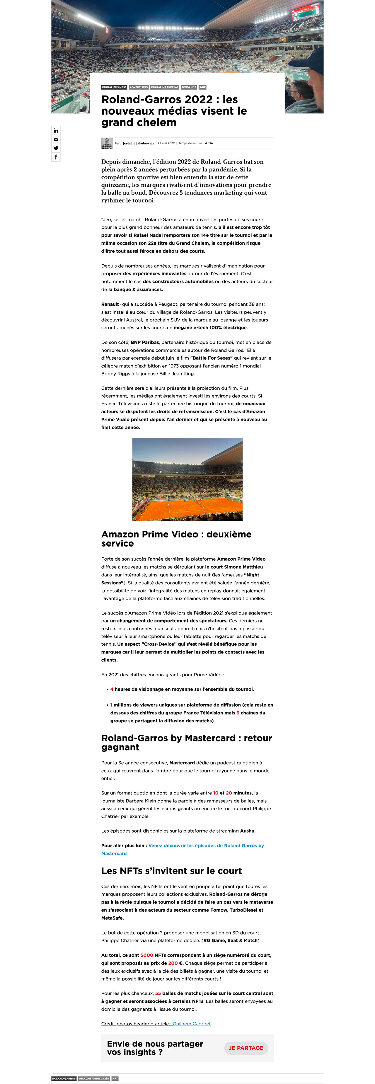Article - Roland-Garros 2022 _ les nouveaux médias visent le grand chelem - HUB_ - hubinstitute