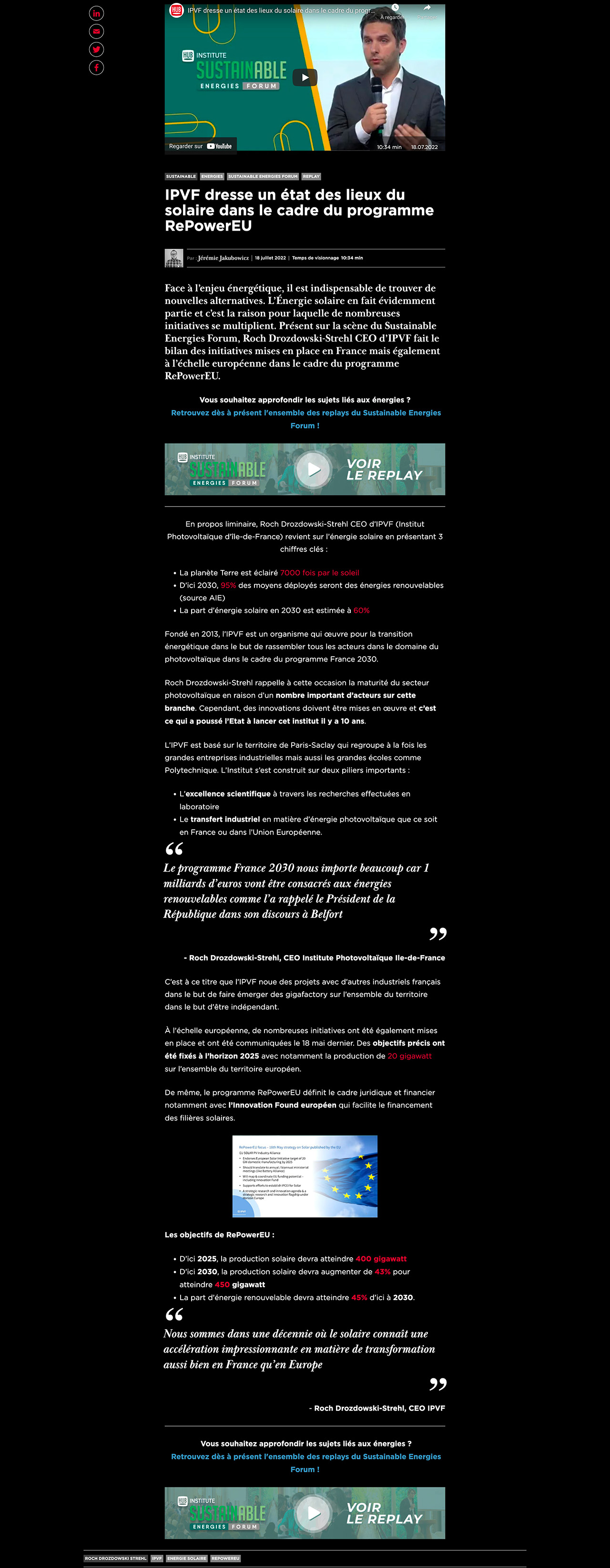 Article - IPVF dresse un état des lieux du solaire dans le cadre du programme R_ - hubinstitute