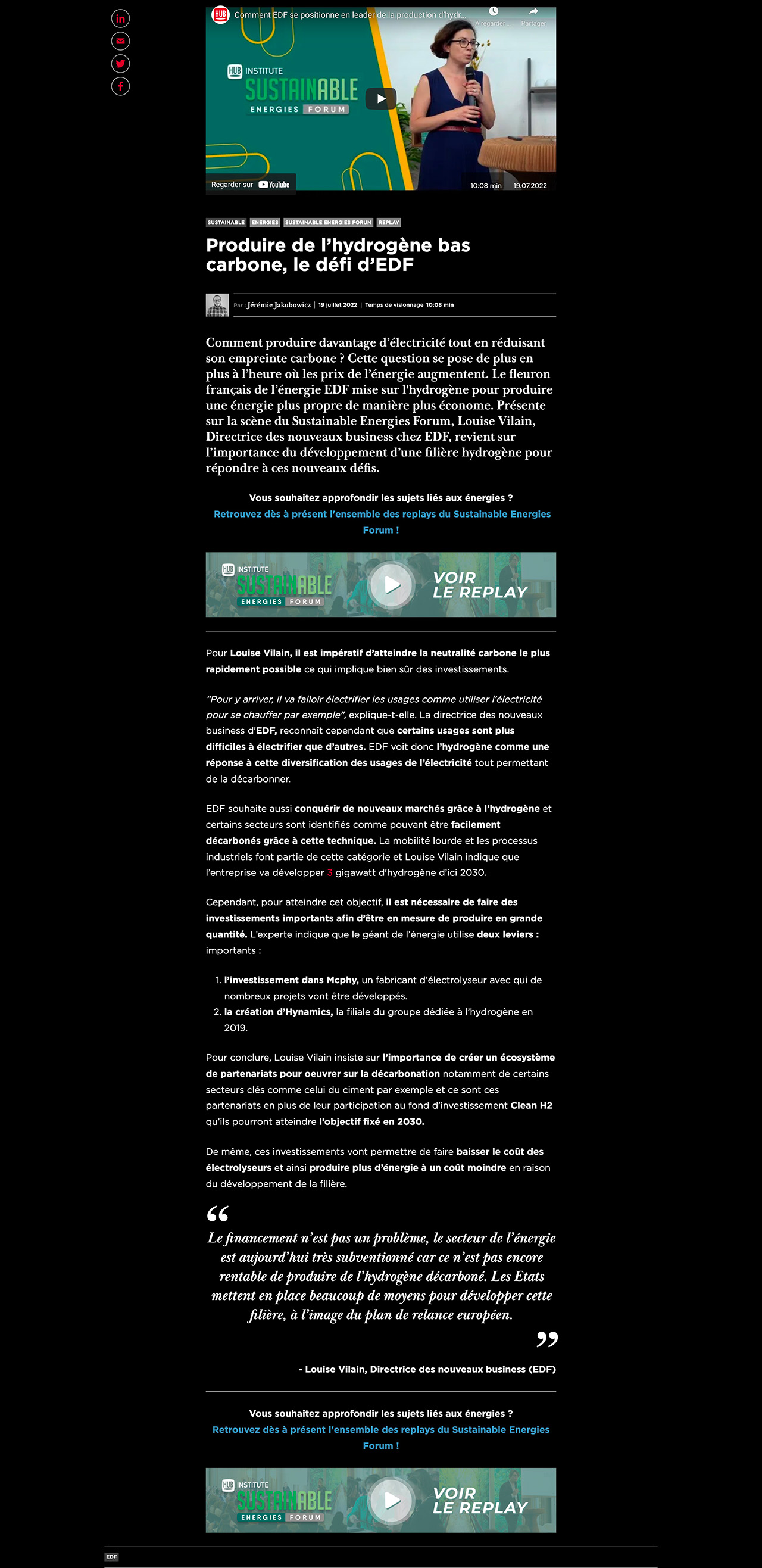 Article - Produire de l’hydrogène bas carbone, le défi d’EDF - HUB Institute - _ - hubinstitute