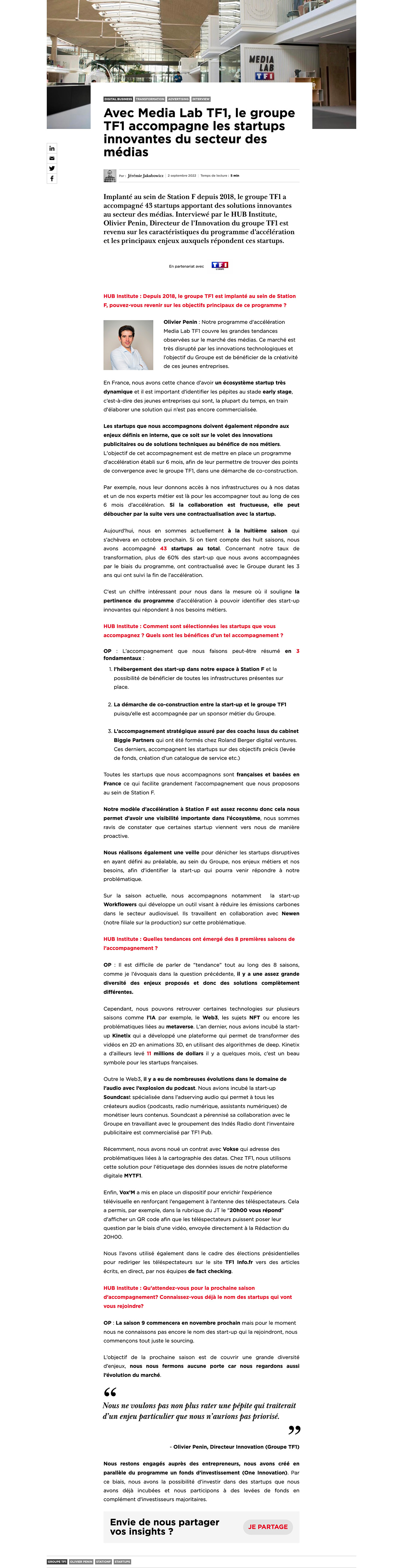 Article - Avec Media Lab TF1, le groupe TF1 accompagne les startups innovantes _ - hubinstitute